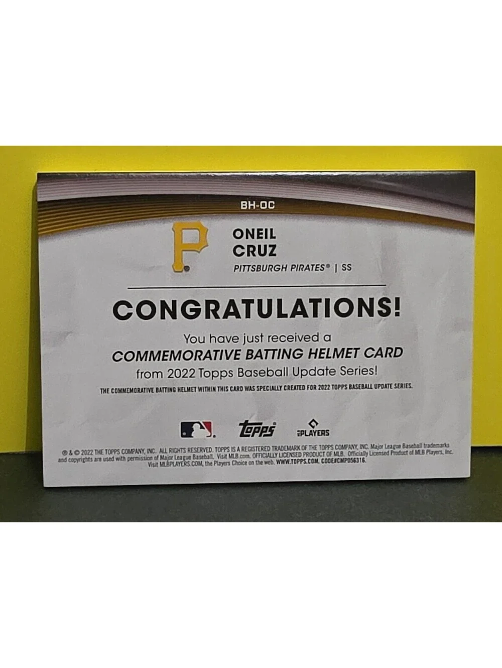 2022 Topps Update Oneil Cruz RC Commemorative Batting Helmet Card Insert Pirates